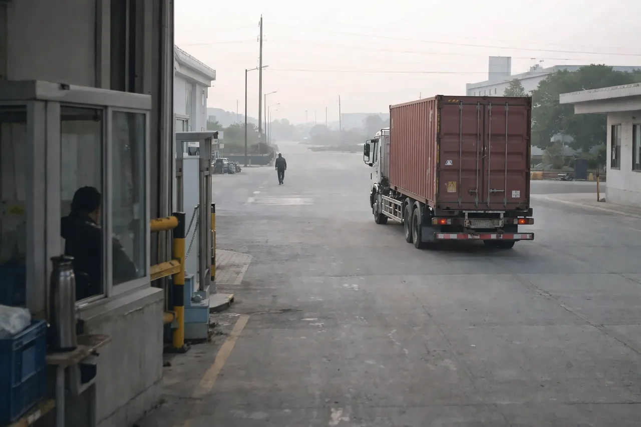 Camion porte-conteneur quittant le site d'une usine par le poste de garde, au petit matin.