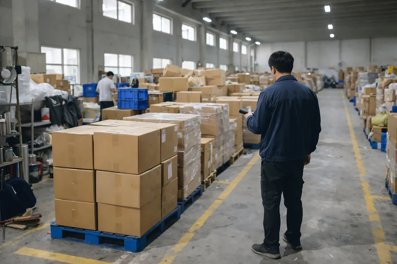 Responsable scannant des palettes de cartons prêtes à partir dans un entrepôt logistique.